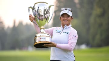 Aug 27, 2023; Vancouver, British Columbia, CAN; Megan Khang holds the championship trophy after the final round of the CPKC Women's Open golf tournament at Shaughnessy Golf & Country Club. Mandatory Credit: Bob Frid-USA TODAY Sports