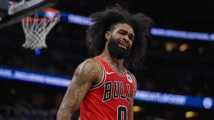 Mar 6, 2025; Orlando, Florida, USA; Chicago Bulls guard Coby White (0) reacts after a play against the Orlando Magic in the third quarter at Kia Center. Mandatory Credit: Nathan Ray Seebeck-Imagn Images