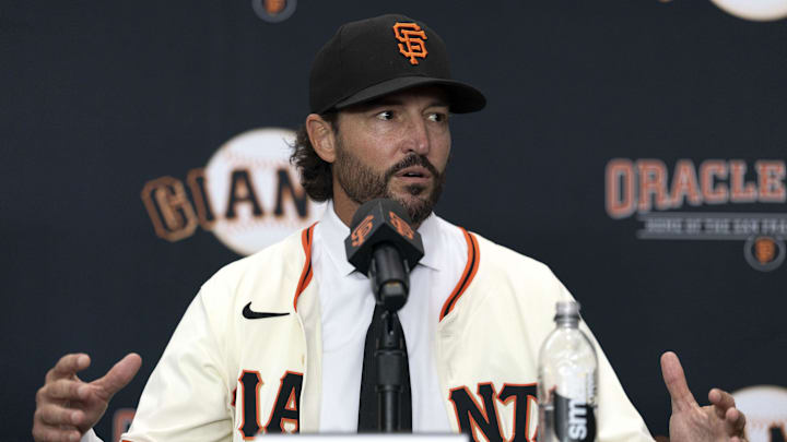 Oct 30, 2025; San Francisco, CA, USA;  Tony Vitello answers questions from the media as he is introduced as the new manager of the San Francisco Giants at Oracle Park. Mandatory Credit: D. Ross Cameron-Imagn Images