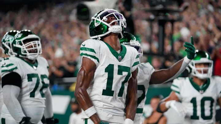 New York Jets wide receiver Garrett Wilson (17) celebrates his touchdown catch in the second half. The Jets defeat the Bills in overtime, 22-16, in the home opener at MetLife Stadium on Monday, Sept. 11, 2023, in East Rutherford.
