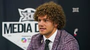 Jul 8, 2025; Frisco, TX, USA; Cincinnati tight end Joe Royer answers questions from the media during 2025 Big 12 Football Media Days at The Star. Mandatory Credit: Raymond Carlin III-Imagn Images