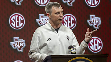 Oct 15, 2025; Birmingham, AL, USA; Texas A&M Aggies head coach Bucky McMillan talks with the media during SEC Media Days at Grand Bohemian Hotel. Mandatory Credit: Vasha Hunt-Imagn Images