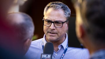 Nov 7, 2023; Scottsdale, AZ, USA; Kansas City Royals general manager J.J. Picollo speaks to the media during the MLB General Manager's Meetings at Omni Scottsdale Resort & Spa. Mandatory Credit: Mark J. Rebilas-Imagn Images