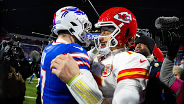 Jan 21, 2024; Orchard Park, New York, USA; Kansas City Chiefs quarterback Patrick Mahomes (15) greets Buffalo Bills quarterback Josh Allen (17) following the 2024 AFC divisional round game at Highmark Stadium. Mandatory Credit: Mark J. Rebilas-Imagn Images
