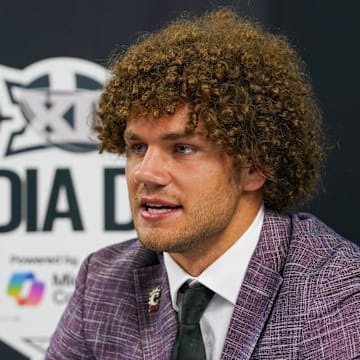 Jul 8, 2025; Frisco, TX, USA; Cincinnati tight end Joe Royer answers questions from the media during 2025 Big 12 Football Media Days at The Star. Mandatory Credit: Raymond Carlin III-Imagn Images
