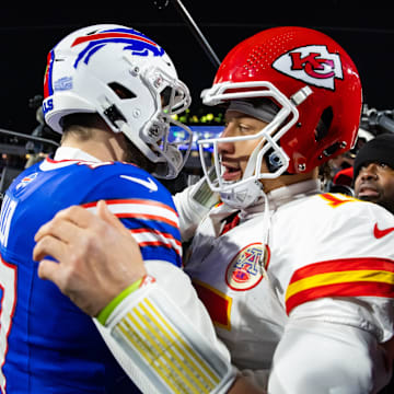 Jan 21, 2024; Orchard Park, New York, USA; Kansas City Chiefs quarterback Patrick Mahomes (15) greets Buffalo Bills quarterback Josh Allen (17) following the 2024 AFC divisional round game at Highmark Stadium. Mandatory Credit: Mark J. Rebilas-Imagn Images