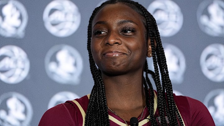 Oct 9, 2024; Charlotte, NC, USA;  Florida State player Ta'Niya Latson during ACC Media Days at The Hilton Charlotte Uptown. Mandatory Credit: Jim Dedmon-Imagn Images