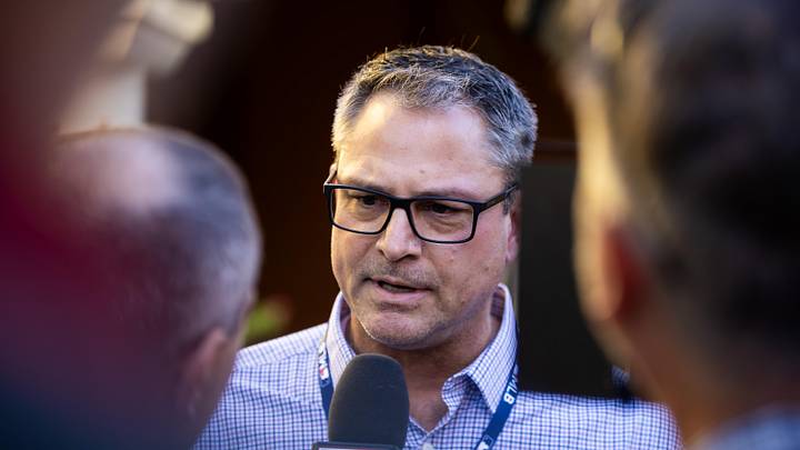 Nov 7, 2023; Scottsdale, AZ, USA; Kansas City Royals general manager J.J. Picollo speaks to the media during the MLB General Manager's Meetings at Omni Scottsdale Resort & Spa. Mandatory Credit: Mark J. Rebilas-Imagn Images