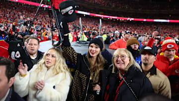 Recording artist Taylor Swift, Brittany Mahomes and Donna Kelce after the AFC Championship game against the Buffalo Bills