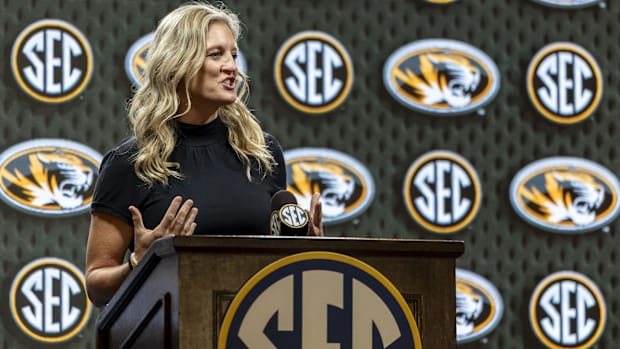 Missouri Tigers head coach Kellie Harper talks with the media during SEC Media Days at Grand Bohemian Hotel. 