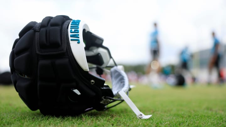 The helmet of Jacksonville Jaguars wide receiver Joshua Cephus (19) lies on the turf during a combined NFL football training camp session between the Tampa Bay Buccaneers and Jacksonville Jaguars Thursday, Aug. 15, 2024 at EverBank Stadium’s Miller Electric Center in Jacksonville, Fla. [Corey Perrine/Florida Times-Union]