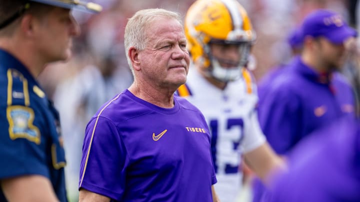 Sep 14, 2024; Columbia, South Carolina, USA; LSU Tigers head coach Brian Kelly walks off the field after warms against the South Carolina Gamecocks at Williams-Brice Stadium. Mandatory Credit: Scott Kinser-Imagn Images