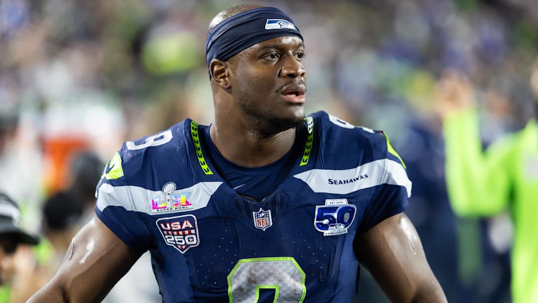 Feb 8, 2026; Santa Clara, CA, USA; Seattle Seahawks running back Kenneth Walker III (9) against the New England Patriots during Super Bowl LX at Levi's Stadium. Mandatory Credit: Mark J. Rebilas-Imagn Images