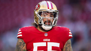 Dec 17, 2023; Glendale, Arizona, USA; San Francisco 49ers guard Jon Feliciano (55) against the Arizona Cardinals at State Farm Stadium.