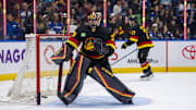 Dec 6, 2024; Vancouver, British Columbia, CAN; Vancouver Canucks goalie Thatcher Demko (35) skates during warm up prior to a game against the Columbus Blue Jackets at Rogers Arena. Mandatory Credit: Bob Frid-Imagn Images