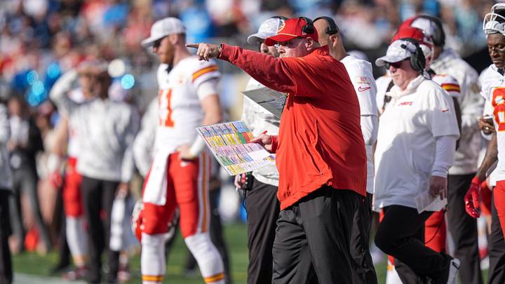 Nov 24, 2024; Charlotte, North Carolina, USA;  Kansas City Chiefs head coach Andy Reid yells out to his offense during the second quarter against the Carolina Panthers at Bank of America Stadium. Mandatory Credit: Jim Dedmon-Imagn Images