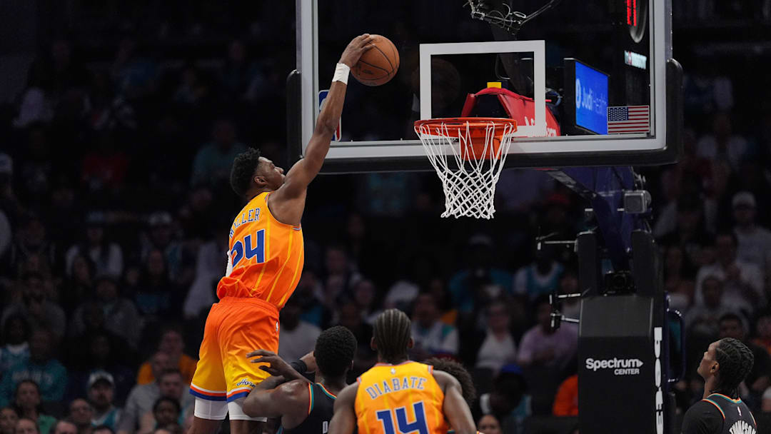 Apr 10, 2026; Charlotte, North Carolina, USA; Charlotte Hornets forward Brandon Miller (24) makes a slam dunk during first quarter against the Detroit Pistons at Spectrum Center. Mandatory Credit: Jim Dedmon-Imagn Images