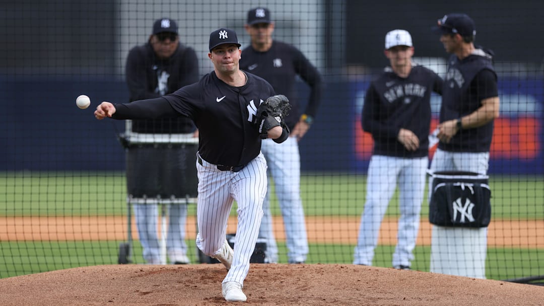 Feb 12, 2025; Tampa, FL, USA; New York Yankees relief pitcher Scott Effross (57) participates in spring training workouts at George M. Steinbrenner Field. Feb 12, 2025; Tampa, FL, USA; New York Yankees relief pitcher Scott Effross (57) participates in spring training workouts at George M. Steinbrenner Field.