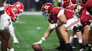 Dec 6, 2025; Atlanta, GA, USA; Alabama Crimson Tide offensive lineman Parker Brailsford (72) prepares to snap the ball during the first quarter against the Georgia Bulldogs during the 2025 SEC Championship game at Mercedes-Benz Stadium. Mandatory Credit: Brett Davis-Imagn Images