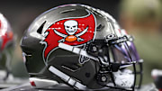 Oct 26, 2025; New Orleans, Louisiana, USA;  A Tampa Bay Buccaneers helmet is seen on the sidelines prior to a game against the New Orleans Saints at Caesars Superdome. Mandatory Credit: Stephen Lew-Imagn Imagess