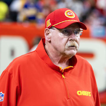 Feb 9, 2025; New Orleans, LA, USA;  Kansas City Chiefs head coach Andy Reid against the Philadelphia Eagles in Super Bowl LIX at Ceasars Superdome. Mandatory Credit: Mark J. Rebilas-Imagn Images