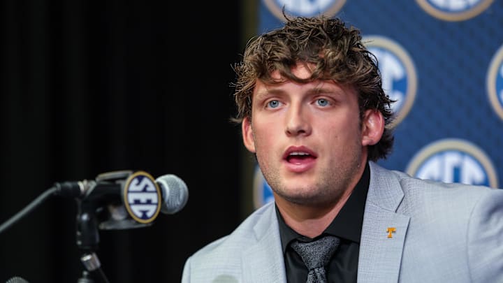 Jul 15, 2025; Atlanta, GA, USA; Tennessee Volunteers tight end Miles Kitselman answers media day questions during SEC Media Days at Omni Atlanta Hotel. Mandatory Credit: Jordan Godfree-Imagn Images