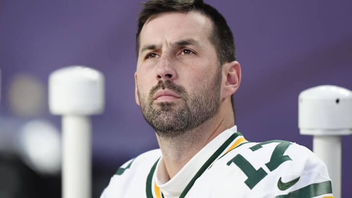 Dec 14, 2025; Denver, Colorado, USA; Green Bay Packers place kicker Brandon McManus (17) sits on the sidelines during the third quarter against the Denver Broncos at Empower Field at Mile High.