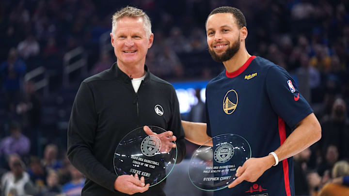 Golden State Warriors head coach Steve Kerr and guard Stephen Curry.