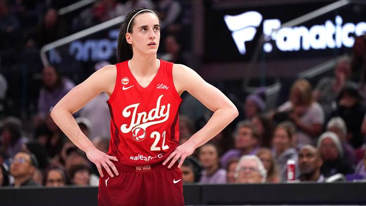 May 28, 2026; San Francisco, California, USA;  Indiana Fever guard Caitlin Clark (22) waits for play to resume against the Golden State Valkyries in the third quarter at Chase Center. Mandatory Credit: David Gonzales-Imagn Images