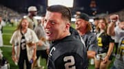 Vanderbilt quarterback Diego Pavia (2) celebrates their victory over Auburn after the game at FirstBank Stadium in Nashville, Tenn., Saturday, Nov. 8, 2025.