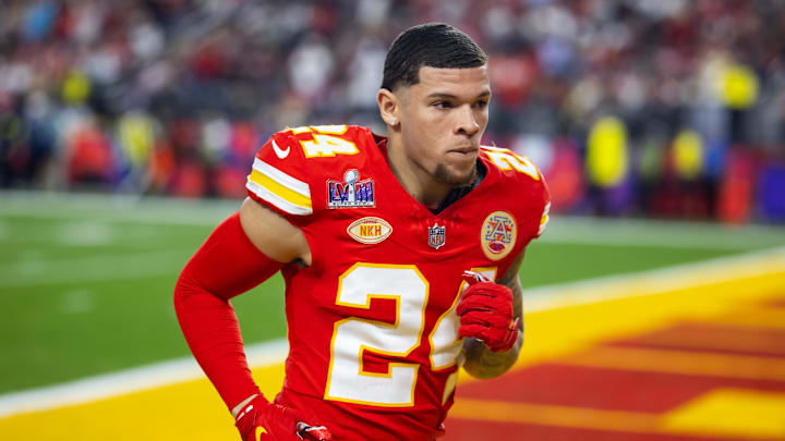 Feb 11, 2024; Paradise, Nevada, USA; Kansas City Chiefs wide receiver Skyy Moore (24) against the San Francisco 49ers in Super Bowl LVIII at Allegiant Stadium. Mandatory Credit: Mark J. Rebilas-USA TODAY Sports