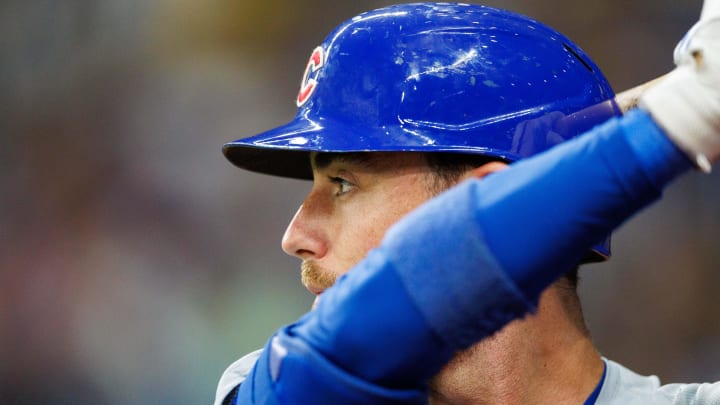 Jun 13, 2024; St. Petersburg, Florida, USA;  Chicago Cubs first baseman Cody Bellinger (24) in the on deck circle against the Tampa Bay Rays in the sixth inning at Tropicana Field. Mandatory Credit: Nathan Ray Seebeck-USA TODAY Sports