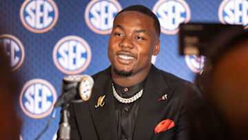 Jul 16, 2024; Dallas, TX, USA; Georgia defensive lineman Mykel Williams speaking at Omni Dallas Hotel. Mandatory Credit: Brett Patzke-Imagn Images