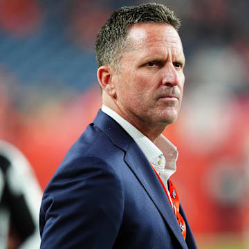 Dec 2, 2024; Denver, Colorado, USA; Denver Broncos general manager George Paton before the game against the Cleveland Browns at Empower Field at Mile High. Mandatory Credit: Ron Chenoy-Imagn Images