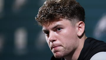 May 28, 2025; Philadelphia, PA, USA; Philadelphia Eagles cornerback Cooper DeJean speaks with the media during OTAs at NovaCare Complex. Mandatory Credit: Bill Streicher-Imagn Images
