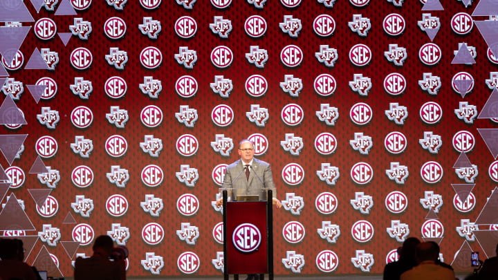 Jul 18, 2024; Dallas, TX, USA; Texas A&M head coach Mike Elko speaks at Omni Dallas Hotel. Mandatory Credit: Brett Patzke-USA TODAY Sports