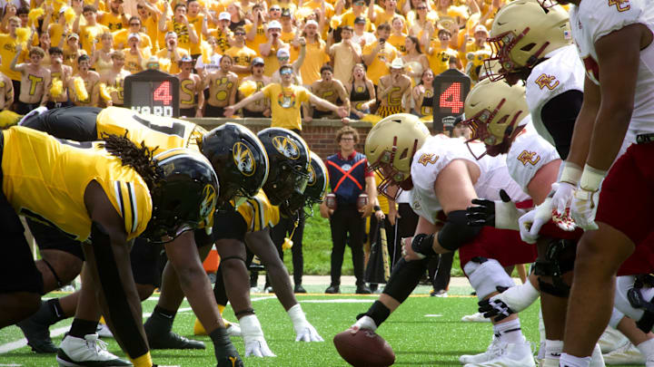 Sept 14 2024; Columbia, Missouri, USA; The Missouri Tigers lineup against the Boston College Eagles during a game at Faurot Field at Memorial Stadium.