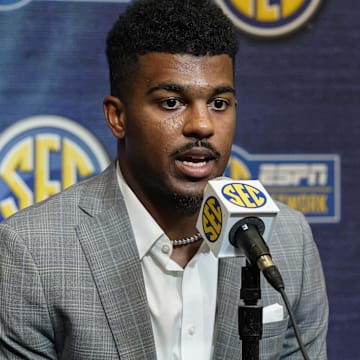 Jul 20, 2022; Atlanta, GA, USA; Arkansas player Jalen Catalon is interviewed during SEC Media Days at the College Football Hall of Fame. Mandatory Credit: Dale Zanine-Imagn Images