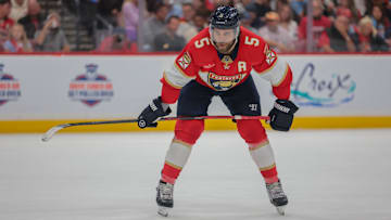 May 9, 2025; Sunrise, Florida, USA; Florida Panthers defenseman Aaron Ekblad (5) looks on against the Toronto Maple Leafs during the second period in game three of the second round of the 2025 Stanley Cup Playoffs at Amerant Bank Arena. Mandatory Credit: Sam Navarro-Imagn Images