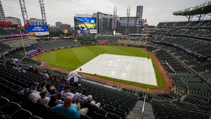 Jul 6, 2024; Cumberland, Georgia, USA; General views of a rain delay before the start of the game between the Philadelphia Phillies against the Atlanta Braves at Truist Park. Mandatory Credit: Dale Zanine-USA TODAY Sports