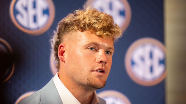 Jul 17, 2024; Dallas, TX, USA; Mississippi State quarterback Blake Shapen speaking at Omni Dallas Hotel. Mandatory Credit: Brett Patzke-USA TODAY Sports