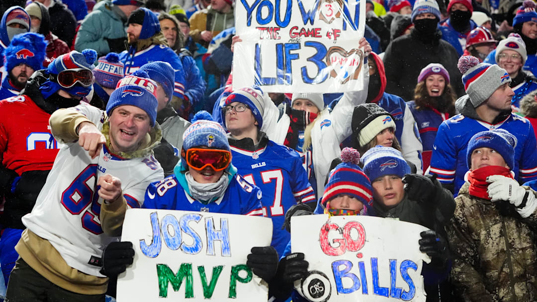 Jan 19, 2025; Orchard Park, New York, USA; Buffalo Bills fans cheer during the third quarter against the Baltimore Ravens in a 2025 AFC divisional round game at Highmark Stadium. Mandatory Credit: Gregory Fisher-Imagn Images