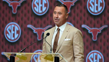 July 15, 2025; Atlanta, GA, USA; Texas head coach Steve Sarkisian speaks during SEC Media Days at the College Football Hall of Fame in Atlanta.