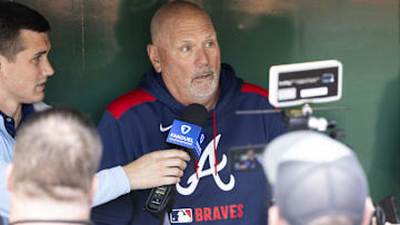 Atlanta Braves manager Brian Snitker (43) talks with the media before the game against the Pittsburgh Pirates at PNC Park.