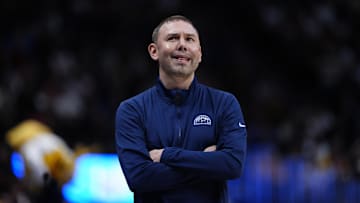 Nov 5, 2025; Denver, Colorado, USA; Denver Nuggets head coach David Adelman during the first quarter against the Miami Heat at Ball Arena. Mandatory Credit: Ron Chenoy-Imagn Images