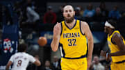 Dec 1, 2025; Indianapolis, Indiana, USA;  Indiana Pacers center Jay Huff (32) celebrates a made basket  in the first half against the Cleveland Cavaliers at Gainbridge Fieldhouse. Mandatory Credit: Trevor Ruszkowski-Imagn Images