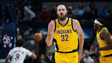 Dec 1, 2025; Indianapolis, Indiana, USA;  Indiana Pacers center Jay Huff (32) celebrates a made basket  in the first half against the Cleveland Cavaliers at Gainbridge Fieldhouse. Mandatory Credit: Trevor Ruszkowski-Imagn Images