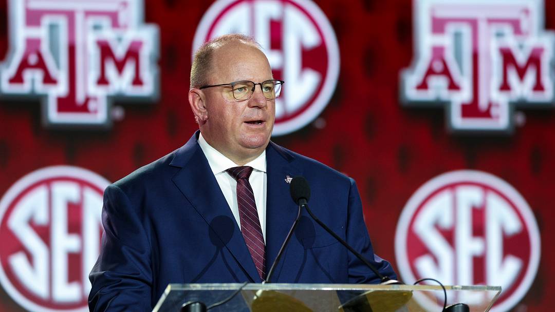 Texas A&M Aggies head coach Mike Elko speaks to the press during SEC Football Kickoff Media Day at the Tampa Marriott. Texas A&M Aggies head coach Mike Elko speaks to the press during SEC Football Kickoff Media Day at the Tampa Marriott.
