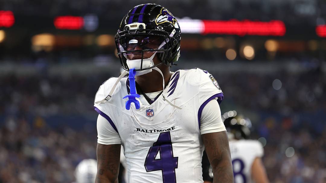 Sep 13, 2026; Indianapolis, Indiana, USA;  Baltimore Ravens wide receiver Zay Flowers (4) celebrates after he scores a touchdown against the Indianapolis Colts at Lucas Oil Stadium.  