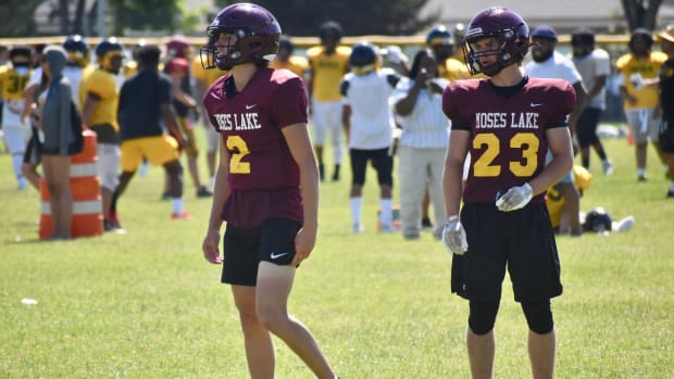 Moses Lake's Brady Jay, left, participates in Thurston County Team Camp in Tumwater